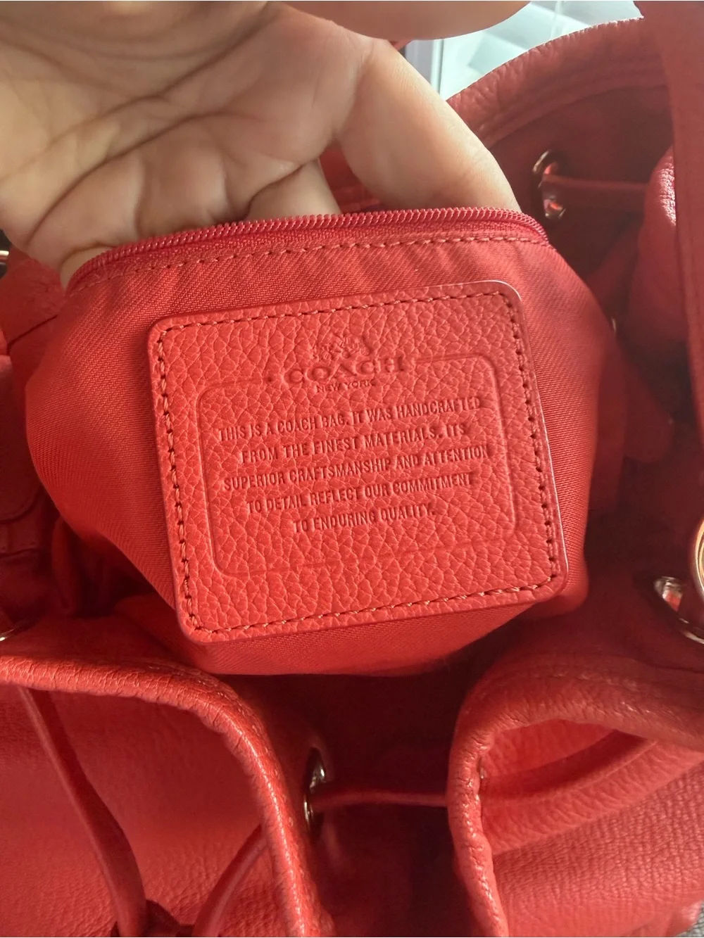 Coach Turnlock Tie Bucket Bag – Coral Pebbled Leather Drawstring Shoulder Bag